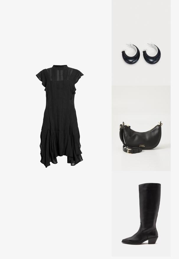 Vestido negro con cuello alto, mangas cortas y acampanadas, paneles texturizados y dobladillo acampanado, que presenta una mezcla de tela lisa y con estampados.; Bota de cuero negra hasta la mitad de la pantorrilla con puntera puntiaguda y tacón bajo inclinado sobre un fondo claro y liso.; Bolso de hombro de cuero negro con forma redondeada, cremallera dorada y detalle del logo en la parte frontal. Se incluye correa ajustable.; Pendientes de aro de resina negra con acabado brillante y acentos de hardware en tono plateado. Forma circular con un corte y cierre a presión.