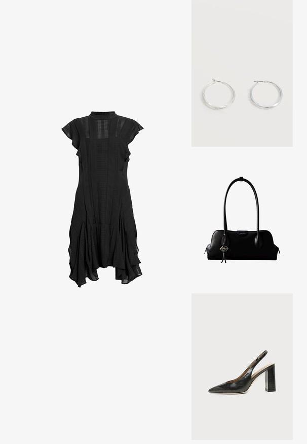 Robe noire avec un col haut, des manches courtes à volants, des panneaux texturés et un ourlet évasé, présentant un mélange de tissu lisse et à motifs.; Chaussure slingback en cuir noir à bout pointu avec un talon bloc haut et une doublure intérieure beige sur un fond clair uni.; Sac à main en cuir noir Calvin Klein avec de longues anses, une étiquette logo à l'avant et un charme géométrique argenté suspendu à une anse.; Boucles d’oreilles créoles en métal argenté avec une surface lisse légèrement incurvée et des fermoirs à clapet sur un fond blanc uni.
