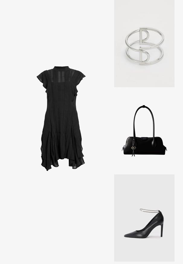 Vestido negro con cuello alto, mangas cortas y acampanadas, paneles texturizados y dobladillo acampanado, que presenta una mezcla de tela lisa y con estampados.; Zapato de tacón alto de cuero negro con puntera afilada, que presenta una delgada correa de tobillo de cadena plateada y una textura elegante y suave.; Bolso de mano negro de cuero Calvin Klein con asas largas, una etiqueta con el logo frontal y un colgante geométrico plateado que cuelga de una de las asas.; Brazalete de metal plateado con un diseño de doble lazo, acabado liso y brillante, y un acento geométrico minimalista.