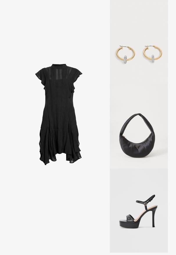 Robe noire avec un col haut, des manches courtes à volants, des panneaux texturés et un ourlet évasé, présentant un mélange de tissu lisse et à motifs.; Sandales à plateforme noires avec un talon haut stilettos, dotées d'une tige en cuir lisse, d'un bout ouvert et d'une bride de cheville ajustable avec ferrures.; Sac à main en satin noir avec une forme courbée, doté d'une fermeture à glissière et d'un logo triangulaire en métal à l'avant. Texture lisse et design épuré.; Paire de boucles d'oreilles créoles dorées avec un petit détail boucle ton argent sur chaque, exposées sur fond gris clair.