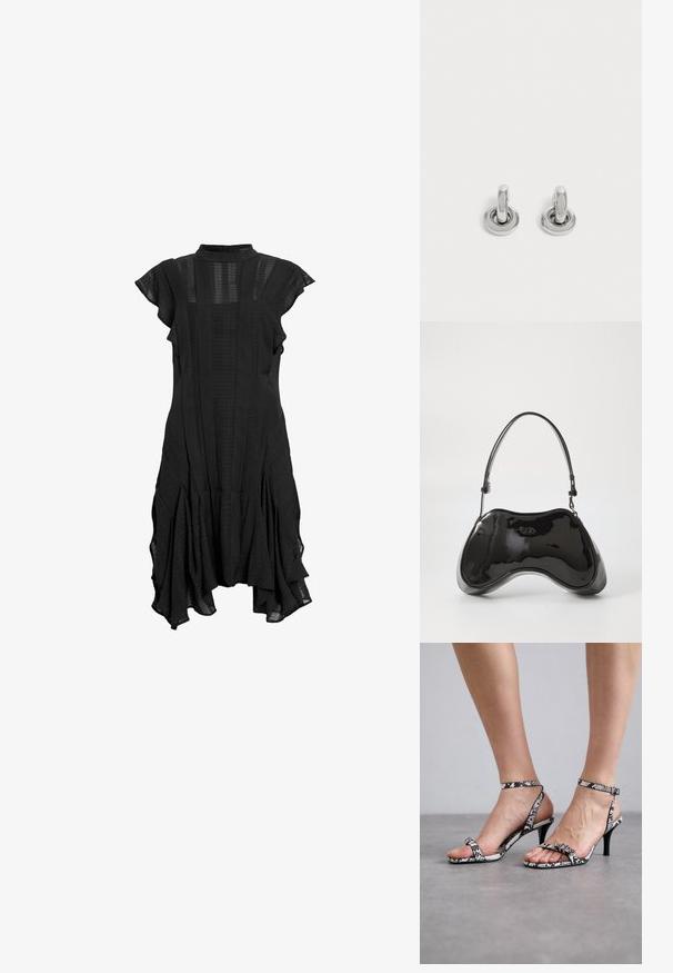 Robe noire avec un col haut, des manches courtes à volants, des panneaux texturés et un ourlet évasé, présentant un mélange de tissu lisse et à motifs.; Des sandales à talons hauts avec un motif serpent noir et blanc, dotées de fines lanières et d'un petit détail de boucle. Le talon est mince et pointu.; Sac à main en cuir verni noir avec une forme incurvée unique, une anse courte et ajustable, et une fermeture zippée. Texture lisse avec un branding discret.; Paire de petites boucles d'oreilles créoles argentées brillantes avec une base ronde, présentées sur un fond clair uni.