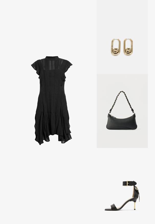 Robe noire avec un col haut, des manches courtes à volants, des panneaux texturés et un ourlet évasé, présentant un mélange de tissu lisse et à motifs.; Sandale à talon en cuir noir avec un bout carré, une bride de cheville dotée d'une boucle en or et un talon métallique fin. Texture lisse, design minimaliste.; Sac à bandoulière en cuir noir de forme rectangulaire incurvée, avec une chaîne dorée tissée dans la bandoulière noire tressée et une fermeture éclair sur le dessus.; BOSS DOUBLE B SWING - Boucles d'oreilles - gold-coloured