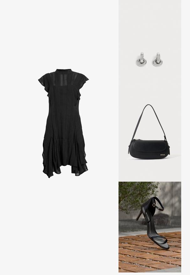 Vestido negro con cuello alto, mangas cortas y acampanadas, paneles texturizados y dobladillo acampanado, que presenta una mezcla de tela lisa y con estampados.; Sandalia negra de tacón alto con correa en el tobillo, parece suspendida sobre un suelo de baldosas de madera al aire libre, con un fondo difuminado de vegetación y piedra.; Bolso de hombro de cuero negro con solapa curva, logo dorado "HUGO" en el frente y una correa ajustable.; Par de pequeños pendientes de aro plateados brillantes con base redonda, exhibidos sobre un fondo claro y liso.