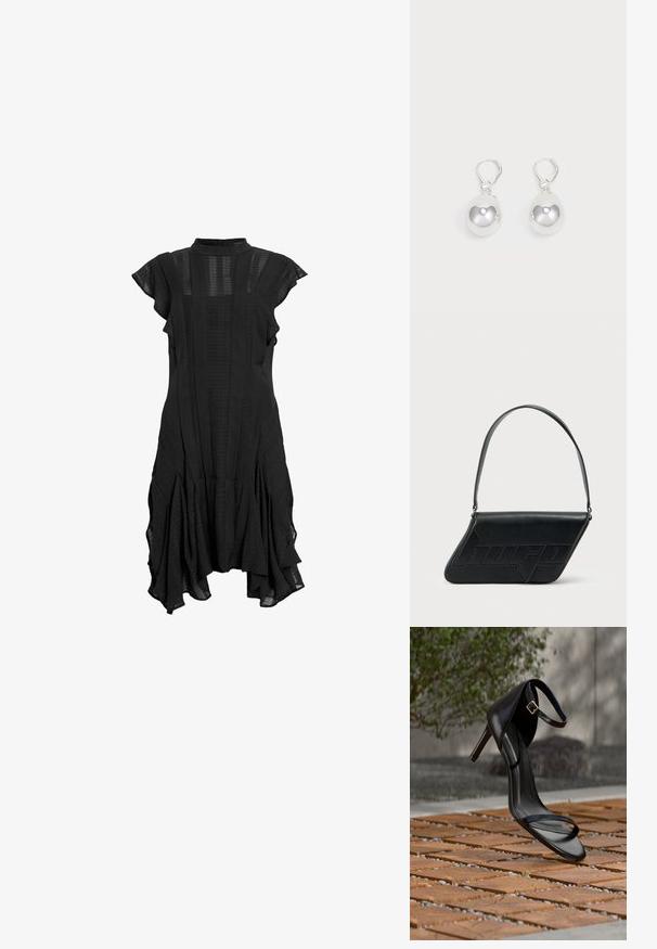 Vestido negro con cuello alto, mangas cortas y acampanadas, paneles texturizados y dobladillo acampanado, que presenta una mezcla de tela lisa y con estampados.; Sandalia negra de tacón alto con correa en el tobillo, parece suspendida sobre un suelo de baldosas de madera al aire libre, con un fondo difuminado de vegetación y piedra.; Bolso de hombro de cuero negro con forma triangular, logo en relieve y una sola correa ajustable. Diseño minimalista con textura suave.; Pendientes de plata en forma de gota con superficies redondas y reflectantes colgando de cierres de palanca. El fondo es blanco liso.