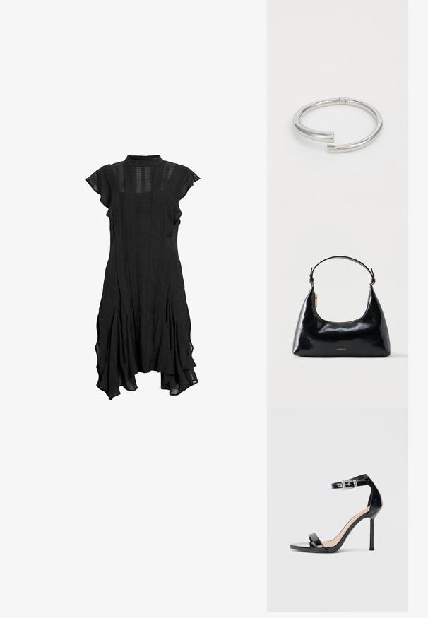 Vestido negro con cuello alto, mangas cortas y acampanadas, paneles texturizados y dobladillo acampanado, que presenta una mezcla de tela lisa y con estampados.; Sandalia de tacón alto en piel sintética negra con correa en el tobillo. Presenta un diseño minimalista, punta abierta y una hebilla con detalles de pedrería.; Bolso negro brillante de Calvin Klein con cremallera dorada y correa corta sobre un fondo blanco liso.; Calvin Klein SPIRAL - Pulsera - silver-coloured