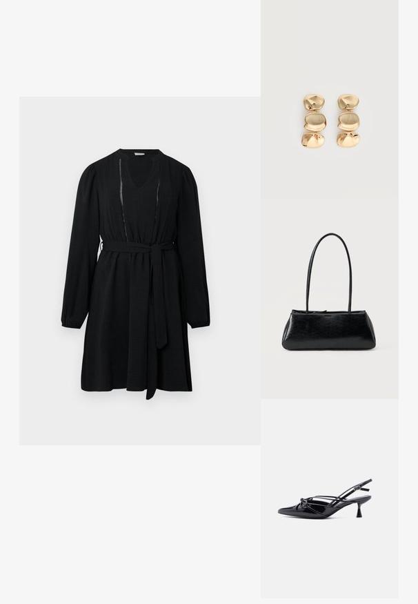 Vestido negro con mangas largas, escote en V, cintura elástica y un cinturón de tela. Cuenta con detalles de costura vertical a lo largo del frente.; Zapato de salón slingback de charol negro con punta afilada, tacón bajo tipo kitten, y detalle decorativo de lazo anudado en la parte delantera.; Bolso de hombro rectangular negro con correas largas y delgadas y una textura lisa y brillante sobre un fondo liso.; Pendientes colgantes en tono dorado con tres segmentos irregulares, lisos y redondeados apilados verticalmente sobre un fondo claro y liso.