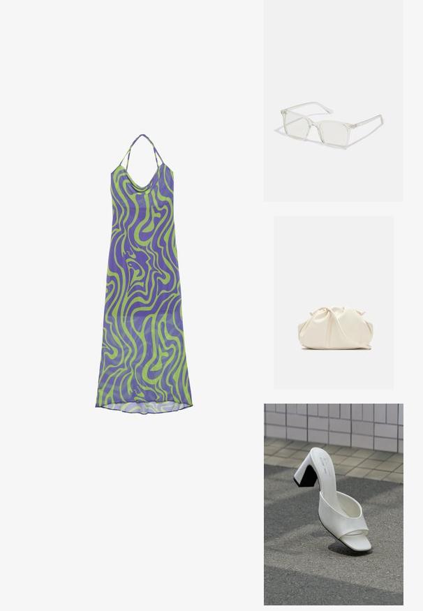 Vestido con patrón de remolinos en púrpura y verde, con escote drapeado y tirantes halter, hecho de una tela ligera, que presenta un diseño largo y fluido.; Un mule blanco de punta abierta con tacón cuadrado, sobre asfalto gris frente a una pared con azulejos.; Gafas cuadradas de plástico transparente con lentes translúcidos, que cuentan con acentos dorados en las patillas para un detalle adicional.; Bolso de mano de cuero suave de color crema con diseño fruncido y plisado y una delgada correa para el hombro que descansa delante sobre un fondo liso.
