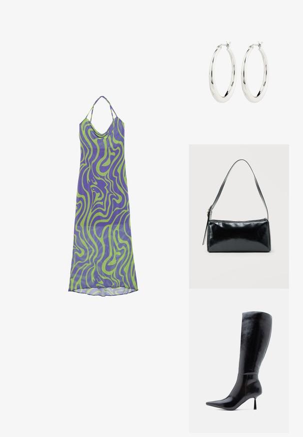 Vestido con patrón de remolinos en púrpura y verde, con escote drapeado y tirantes halter, hecho de una tela ligera, que presenta un diseño largo y fluido.; Botas de tacón alto negras hasta la rodilla con un acabado de cuero brillante, punta afilada y tacón delgado y cónico, que presentan una superficie lisa y un diseño elegante.; Bolso de hombro rectangular negro con una correa ajustable y un cierre de cremallera superior sobre un fondo liso.; Pendientes de aro de plata con un acabado suave y brillante. Forma circular, con un cierre seguro. Diseño sencillo y elegante.