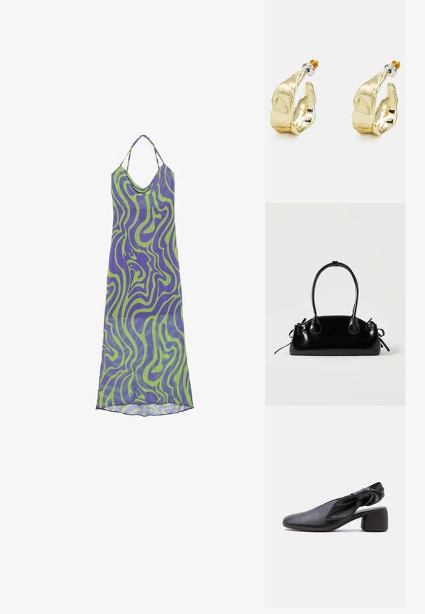 Paarse en groene jurk met een spiraalpatroon, voorzien van een boothals en halterbandjes, gemaakt van lichte stof, met een lange, vloeiende uitstraling.; Zwarte leren slingback met een afgeronde neus, een geknoopt banddetail en een lage blokhak op een witte achtergrond.; Kleine zwarte glanzende handtas met twee lange hengsels en zijkant trekkoord details op een effen lichte achtergrond.; Goudkleurige oorbellen in de vorm van abstracte handen, met een glanzend oppervlak, ingewikkelde details en een zilver- en goudkleurige post voor een veilige bevestiging.