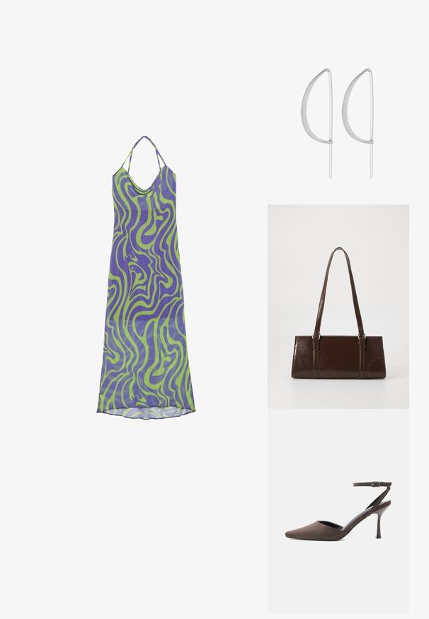 Ein lila und grünes Kleid mit Wirbelmuster, das einen Cowl-Ausschnitt und Halterträger hat. Es besteht aus leichtem Stoff und zeichnet sich durch ein langes, fließendes Design aus.; Brauner Veloursleder-Pumps mit spitz zulaufender Spitze, dünnem Knöchelriemen und silberner Schnalle vor weißem Hintergrund.; Braune Lackleder-Handtasche in rechteckiger Form, mit zwei langen Griffen und subtilen, geschwungenen Akzenten auf der Vorderseite.; Silberne Ohrringe aus Metall mit einem minimalistischen geschwungenen Design, das verlängerte, offene Tropfenformen mit einer matten Oberfläche aufweist.