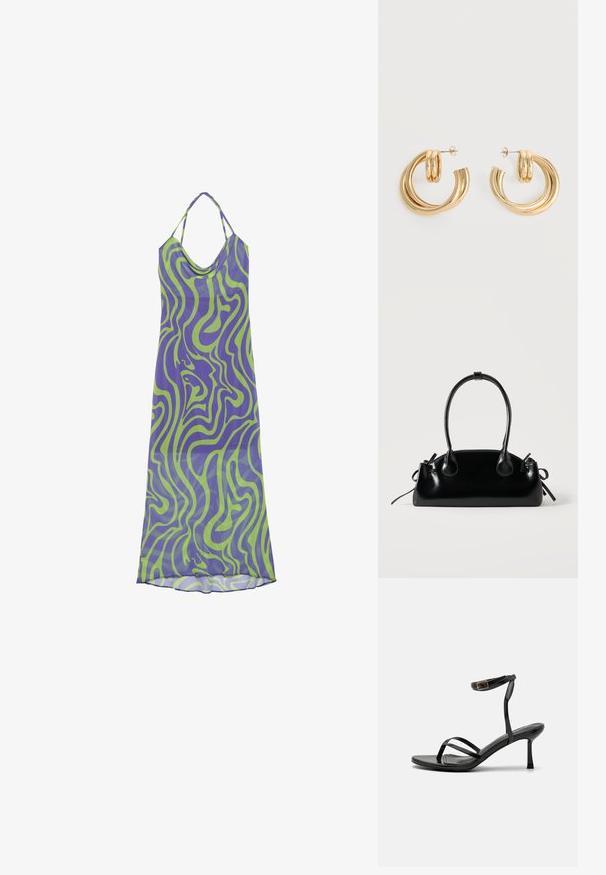 Ein lila und grünes Kleid mit Wirbelmuster, das einen Cowl-Ausschnitt und Halterträger hat. Es besteht aus leichtem Stoff und zeichnet sich durch ein langes, fließendes Design aus.; Schwarze High-Heels-Sandalen mit einem schmalen Riemendesign, glatter Textur, Knöchelverschluss und einer spitzen Fußspitze. Verstellbares Knöchelriemchen.; Kleine schwarze glänzende Handtasche mit zwei langen Griffen und seitlichen Kordelzug-Details vor einfachem hellem Hintergrund.; Paar glänzende goldene Doppel-Loop-Creolen mit Steckverschlüssen vor weißem Hintergrund.