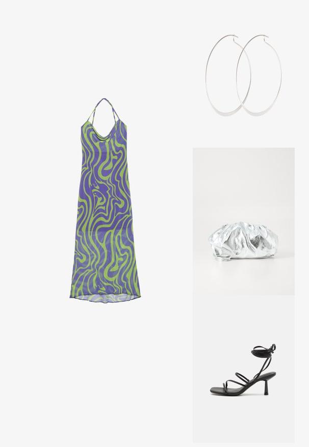 Lilla og grøn swirl-mønstrede kjole med en cowl-udskæring og halter-stropper, lavet af letvægtsstof, med et langt, flydende design.; Sort strappy sandal med firkantet tå, justerbare ankelbind og en slank, blokhæl. Fremstillet af et glat, holdbart materiale.; Metallisk sølv clutch taske med en blød, samlet krop og en tynd skulderrem. Har en glat, skinnende overflade og rund form.; Sølv hoops øreringe med et tyndt, glat design; langstrakt oval form; poleret finish; har en sikker krog lukning.
