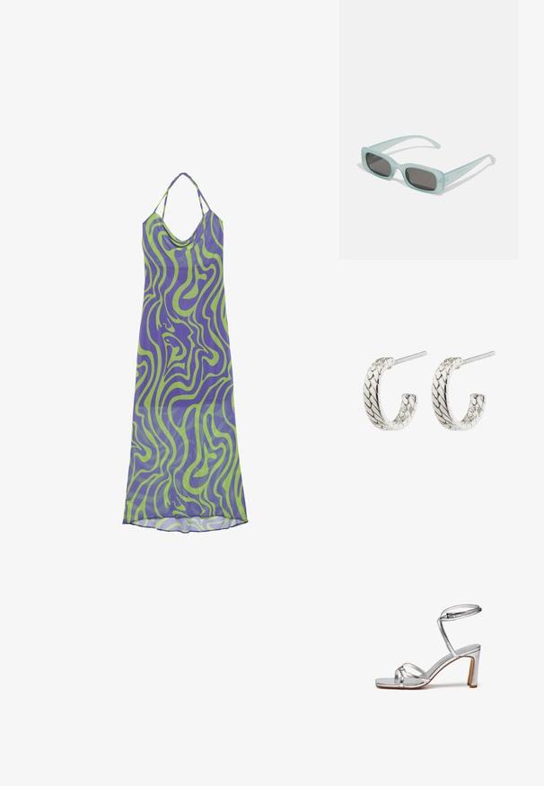 Vestido con patrón de remolinos en púrpura y verde, con escote drapeado y tirantes halter, hecho de una tela ligera, que presenta un diseño largo y fluido.; Sandalias de tacón alto plateadas con punta cuadrada, tira delgada en el tobillo y tiras en la parte delantera. Acabado metálico suave con un tacón cuadrado de 7,5 cm.; Un par de gafas de sol rectangulares con montura translucida azul clara y lentes gris oscuro, que cuentan con patillas rectas y detalles de hardware mínimos.; Pendientes de aro de plata con un patrón trenzado, que cuentan con una superficie texturada y un cierre de poste, diseño curvado y acabado pulido.