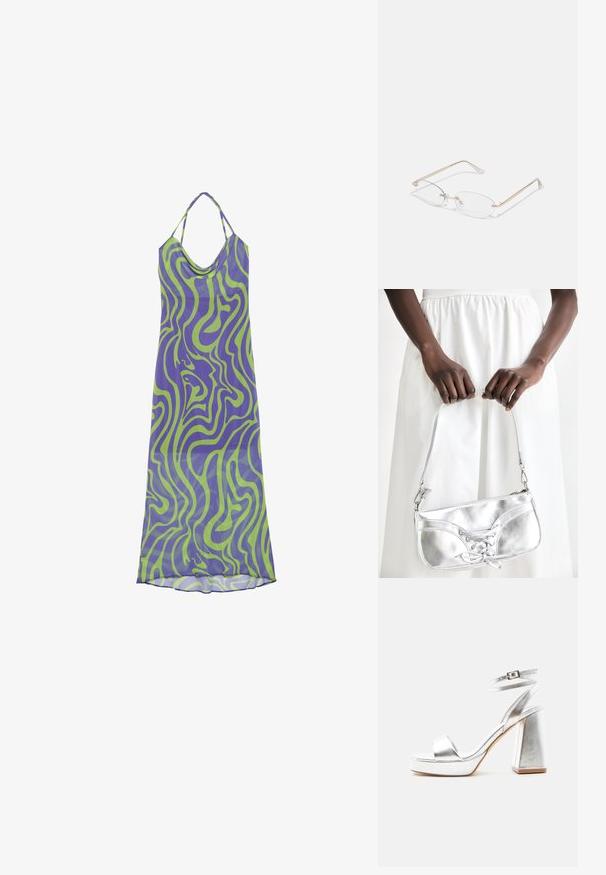 Robe à motif tourbillon violet et vert avec un col drapé et des bretelles halter, en tissu léger, présentant un design long et fluide.; Sandale à talon haut métallique argenté avec bride à la cheville, talon bloc et bout ouvert sur un fond clair uni.; Lunettes en métal doré avec des verres ovales, des branches fines et des plaquettes de nez transparentes. Présente des accents subtils sur les charnières et des verres transparents.; Sac à main en métal argenté avec un détail à lacets, arborant un design épuré et une courte sangle. Le sac est tenu dans les mains, mettant en valeur sa texture.
