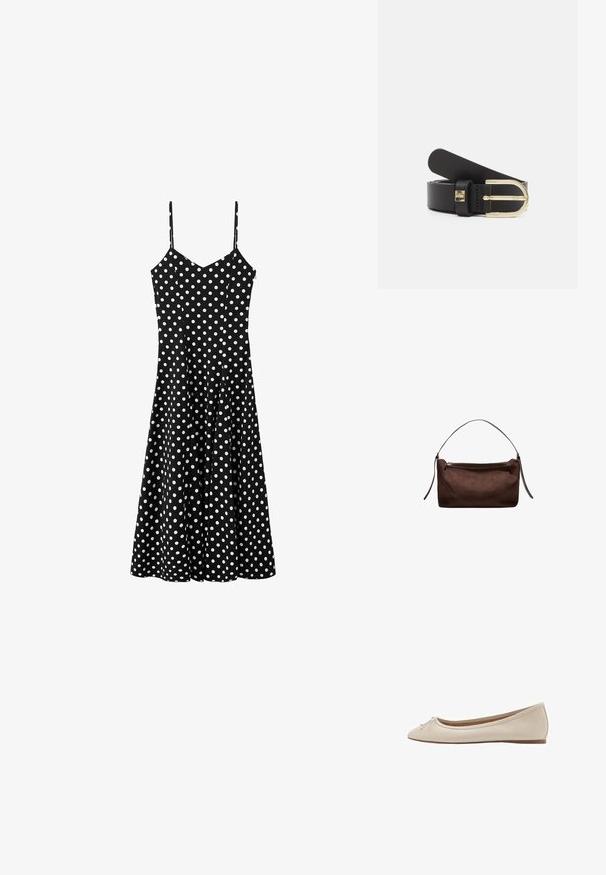 Robe midi noire à pois blancs, bretelles spaghetti et corsage ajusté s'évasant en jupe trapèze.; Ballerine beige en cuir avec bout arrondi, petit nœud à l'avant et semelle plate marron.; Sac d'épaule en tissu brun texturé avec une sangle fine et une fermeture éclair supérieure, sur fond blanc uni.; Ceinture en cuir noir avec une boucle en métal doré, dotée d'une texture lisse et d'une longueur ajustable. Comprend un petit détail en métal près de la boucle.