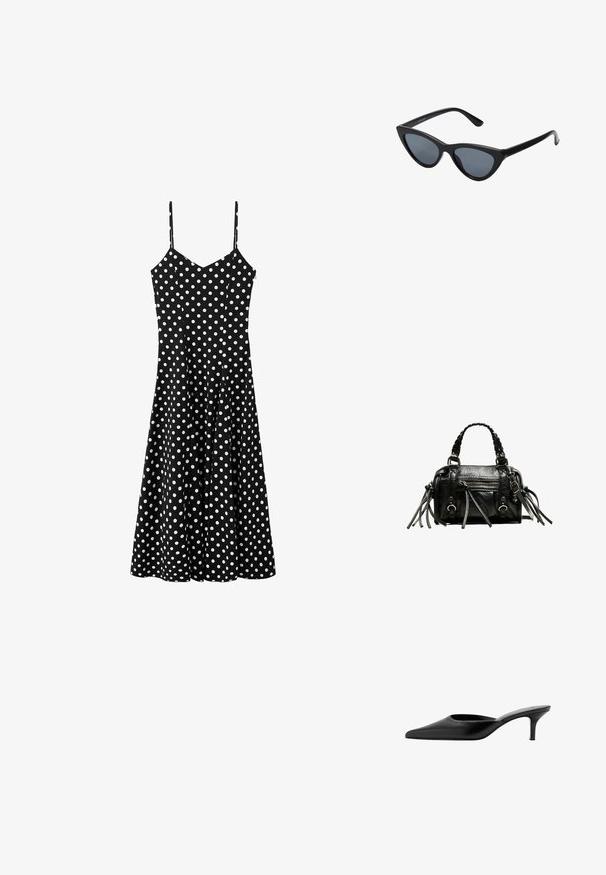 Robe midi noire à pois blancs, bretelles spaghetti et corsage ajusté s'évasant en jupe trapèze.; Mule en cuir noir à bout pointu, avec un petit talon fin et un design sans contrefort pour enfiler facilement.; Lunettes de soleil noires en forme d'œil de chat avec des verres gris foncé, monture en plastique élégante, coins pointus et branches droites. Pas de métal visible ni d'accents.; Sac à main en cuir noir avec poignées tressées, surface texturée, poche frontale zippée et accents de franges décoratives. Forme compacte et structurée.