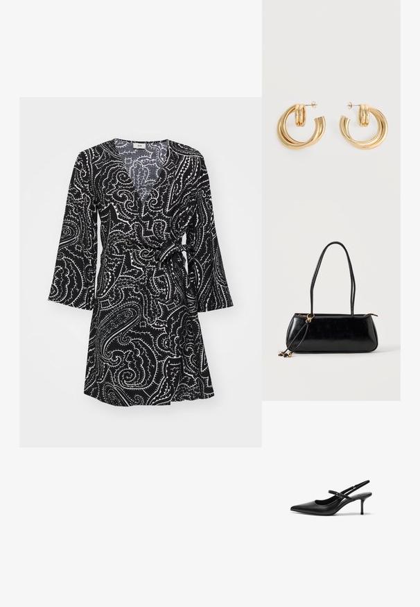 Sort slå-om-kjole med hvid paisley-mønster, V-hals, lange ærmer og bindedetalje i taljen. Fremstillet af et let stof.; Sorte læder slingback hæle med spids tå, slank justerbar rem og en stiletto hæl på cirka 5 cm, glat tekstur.; Sort rektangulær håndtaske med to lange stropper, guldringdetalje og lynlåslukning på en ensfarvet lys baggrund.; Par af skinnende gyldne dobbelt loop øreringe med stift-lukning på hvid baggrund.