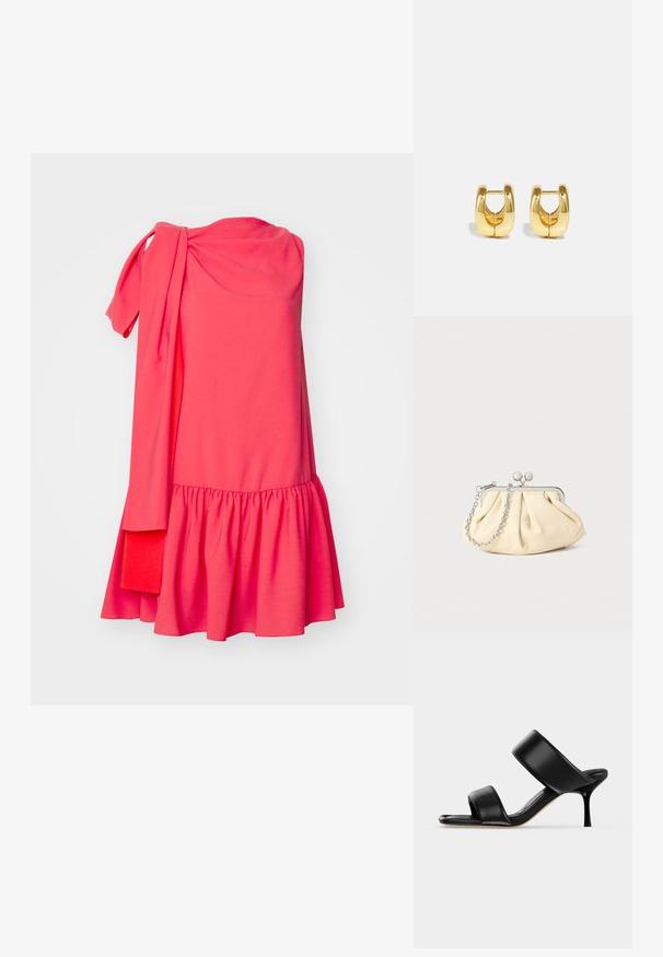 Roksanda SOLENNE DRESS - Kokteilikleit/peokleit - light hibiscus/deep sienna; Mustast nahast mule-tüüpi sandaal kahe laia rihmaga ja õhukese keskmise kõrgusega kontsaga lihtsal heledal taustal.; Kortsus beežist nahast kotike, millel on hõbedane metallraam, kaunistatud kahe ümmarguse dekoratiivse lukuga ja hõbedase ketispideme. ; Kuldne rõngas kõrvarõngad, millel on sile, ümar disain. Omab õõnsat keskmist osa ja läikivat pinnat, mis täiendab moodsaid stiile.