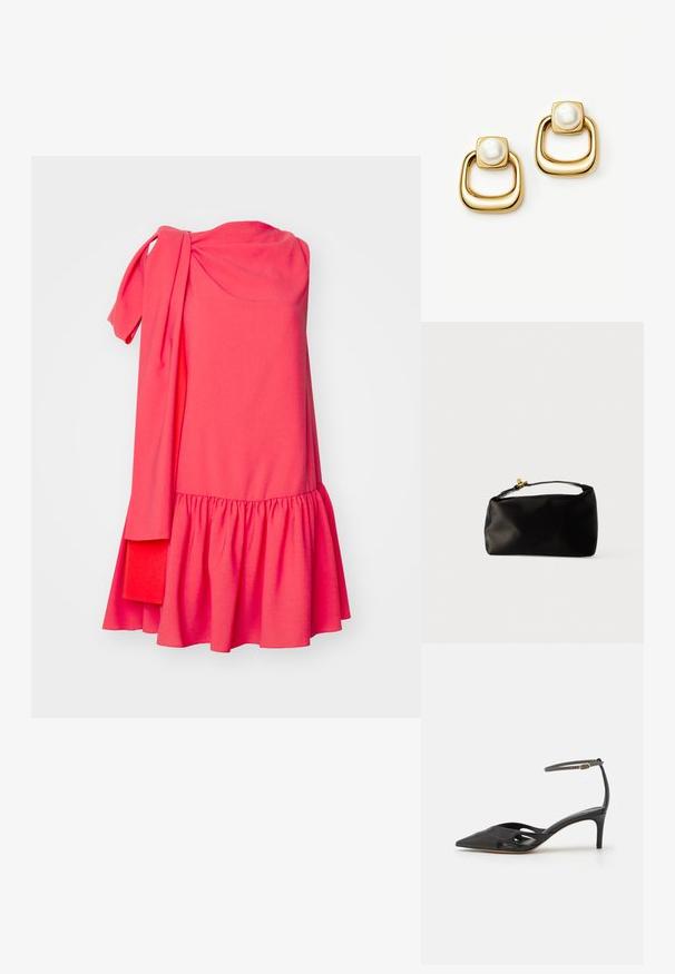 Roksanda SOLENNE DRESS - Kokteilikleit/peokleit - light hibiscus/deep sienna; Must mustaharjal süngeteisega kingad, millel on terav varvas, avatud küljed ja õhuke pahkluuring, kus on väike kuldne detail.; Mustast satiinist kotist kott, ümar kuju, ülemine käepide ja kuldne klambriaktsent. Sile tekstuur ja minimalistlik disain.; Kullatooni kõrvarõngad, millel on ruudukujulised ülaosad, mis sisaldavad suuri valgeid pärleid, ja nende all paksemad, ümarad, avatud ruudukujulised rõngad.