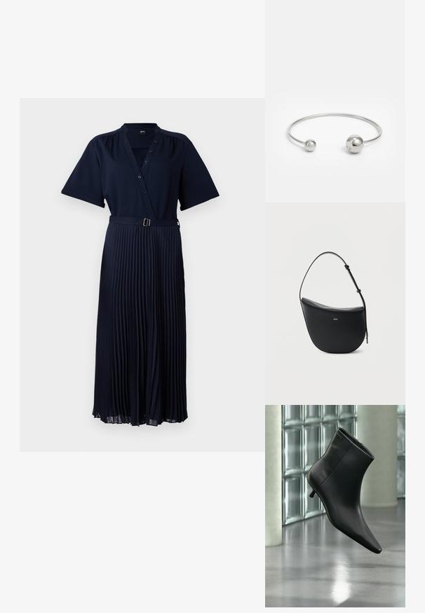 Námornícky modré šaty s krátkymi rukávmi, zapínaním na gombíky vpredu a plisovanou sukňou upevnenou pásom s kovovou prackou. Hladká textúra látky.; Čierna kožená členková čižma so špicatou špičkou a nízkym kitten podpätkom, zobrazená šikmo na pozadí leštenej podlahy a steny zo sklenených blokov.; Čierna kožená kabelka cez rameno v tvare polmesiaca s nastaviteľným popruhom a zlatým logom "BOSS" v strede na prednej strane.; Strieborný kovový náramok s dvoma guľatými akcentmi na každom konci, hladký povrch, otvorený dizajn a štíhly, minimalistický tvar.