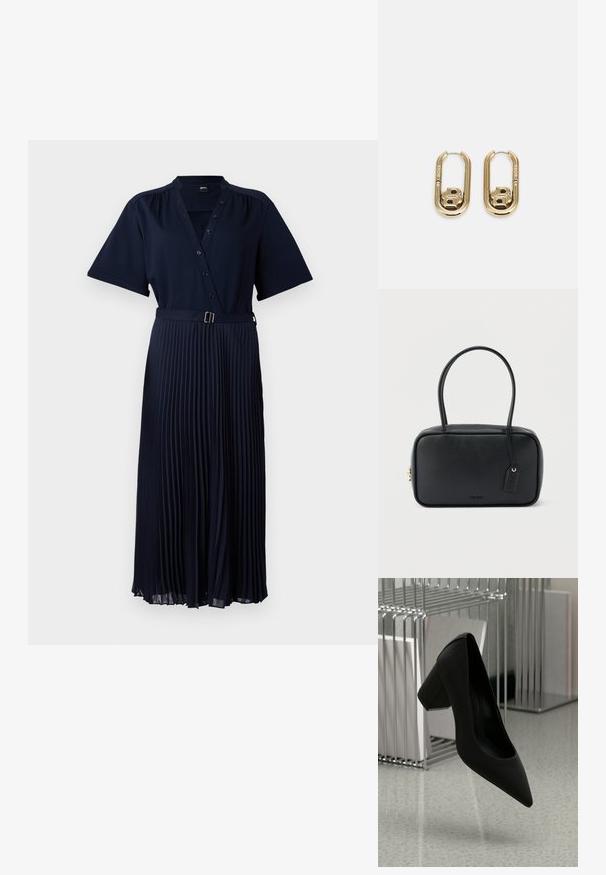 Robe bleu marine à manches courtes, avec un devant à boutons et une jupe plissée maintenue par une ceinture avec une boucle en métal. Texture de tissu lisse.; Chaussure à talon haut noire avec un bout pointu et un talon épais, en cuir texturé, suspendue au-dessus d'un sol lisse.; Sac à main rectangulaire noir avec doubles poignées arrondies, fermeture éclair dorée et logo "HUGO" embossé sur le devant avec une étiquette en cuir attachée.; BOSS DOUBLE B SWING - Boucles d'oreilles - gold-coloured
