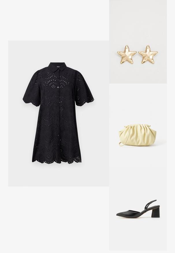 Zwarte shirtjurk met korte mouwen, voorzien van geborduurd oogjespatroon, golfzoom en knoopsluiting aan de voorkant. Zachte stof met een gestructureerde afwerking.; Zwarte leren slingback schoen met een spits toelopende neus, lage blokhak en minimalistisch ontwerp met dunne bandjes en gladde textuur.; Geel geplooide handtas van soepel nepleer, met een zachte vorm, een enkele schouderriem en een verzameld ontwerp aan de bovenkant.; Gouden stervormige oorbellen met een gladde, glanzende afwerking en een driedimensionaal ontwerp, met vijf punten en een licht gebogen textuur.
