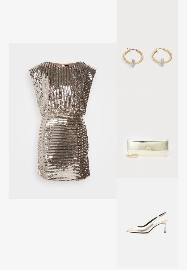 Vestido de lentejuelas plateadas brillantes con un escote estructurado, mangas cortas y una cintura ajustada. La textura es suave con patrones reflectantes.; Zapato slingback de punta fina en color dorado metálico con tacón de aguja de altura media y forro interior negro sobre un fondo blanco.; Bolso de mano metálico dorado con un diseño de sobre, textura suave y una correa de cadena. Presenta un logo distintivo en la parte frontal.; Par de pendientes de aro en tono dorado con pequeño detalle de aro en tono plateado en cada uno, expuestos sobre un fondo gris claro.