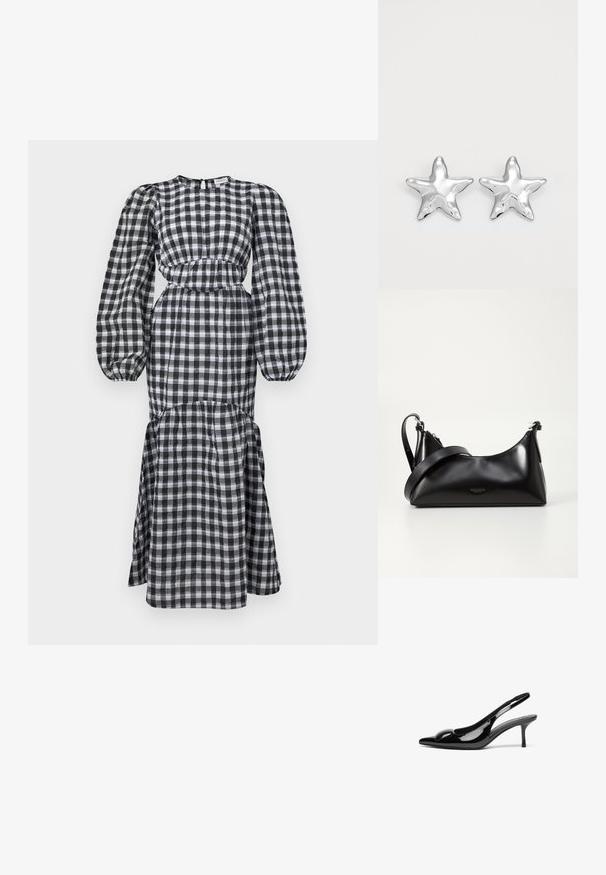 Zwart-wit geblokte jurk met lange pofmouwen, een aansluitende taille en een gelaagde rok. Gemaakt van lichtgewicht stof. Ronde halslijn.; Zwarte gepatineerde leren slingback hakken met een puntige neus en een glanzende afwerking. Heeft een slanke hak en een ronde accent op de bovenkant.; Zwarte leren handtas met een gladde textuur. Beschikt over een verstelbare schouderband en een strak, minimalistisch ontwerp met een ritssluiting.; Zilveren stervormige oorbellen met een gepolijste, glanzende afwerking. Elke oorbel heeft vijf punten en subtiele textuurdetails op het oppervlak.