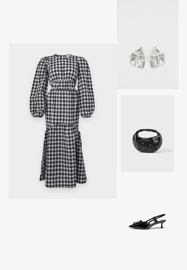 Zwart-wit geblokte jurk met lange pofmouwen, een aansluitende taille en een gelaagde rok. Gemaakt van lichtgewicht stof. Ronde halslijn.; Zwarte gepatineerde lederen slingback hakken met een puntige neus, een strikdetail aan de voorkant en een kleine stilettohak. De bandjes hebben verstelbare gespen.; Zwarte leren handtas met een afgeronde vorm, versierd met zilveren studs, en een korte handgreep. Gladde textuur en ritsluiting.; Zilveren metalen oorbellen met een golvend, sculpturaal ontwerp, voorzien van een gepolijste afwerking en onregelmatige vormen, die een hedendaagse esthetiek benadrukken.