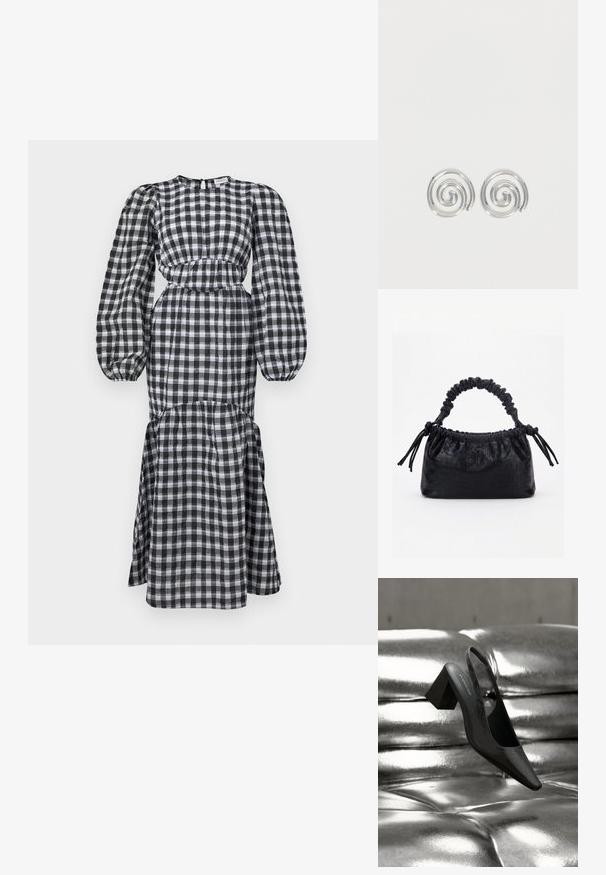 Sorte og hvide ternet kjole med lange puffærmer, en tætsiddende talje og en lagdelt nederdel. Lavet af letvægtsstof. Rund halsudskæring.; Sort slingback-hæl med spids tå, der har en tekstureret overflade og en chunky blokhæl. Lagt mod en skinnende, metallisk baggrund.; Sort taske med krokodilletekstur, rynket øverste kant, samlet hank og snore med kvaster på hver side mod en hvid baggrund.; Par sølvspiral øreringe med glat, afrundet design på en ensartet hvid baggrund.