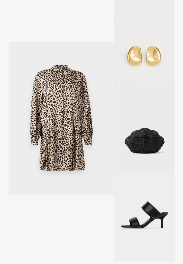 Leopardprint kjole lavet af glat stof, med knaplukning foran, lange ærmer og en plisseret nederdel med klassisk krave.; Sort læder mule sandal med to brede remme og en slank mellemhøj stiletthæl på en ensartet lys baggrund.; Sort flet håndtaske formet som en muslingeskal med en buet top og flettet tekstur på en ensfarvet baggrund.; Guldfarvede stud øreringe med en glat, rund form og en reflekterende overflade, der fremhæver et minimalistisk design uden synlige mønstre.