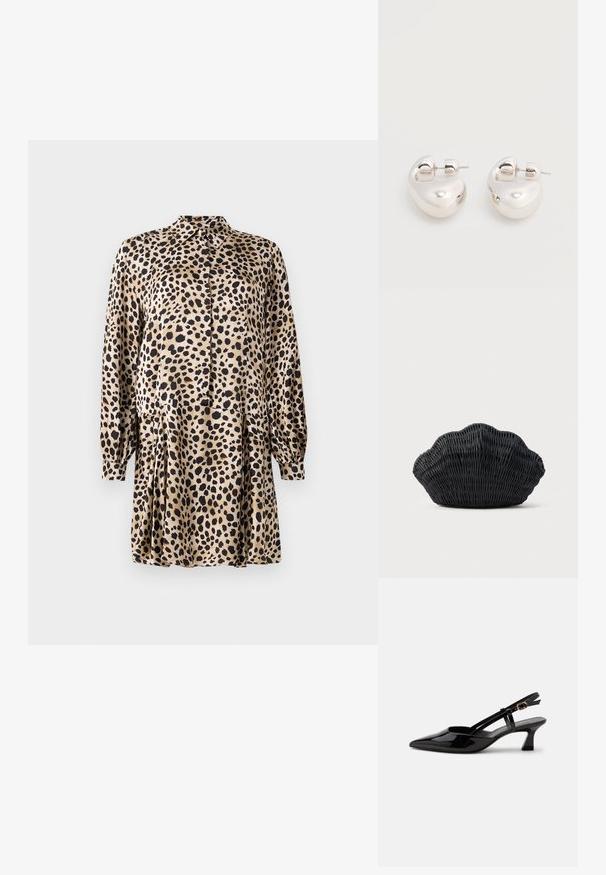 Leopardprint kjole lavet af glat stof, med knaplukning foran, lange ærmer og en plisseret nederdel med klassisk krave.; Sort laklæderslingback med lille hæl, spids tå og justerbar guldlåsrem på hvid baggrund.; Sort flet håndtaske formet som en muslingeskal med en buet top og flettet tekstur på en ensfarvet baggrund.; Par af skinnende sølv store øreringe med lukning på bagsiden mod en ensfarvet hvid baggrund.