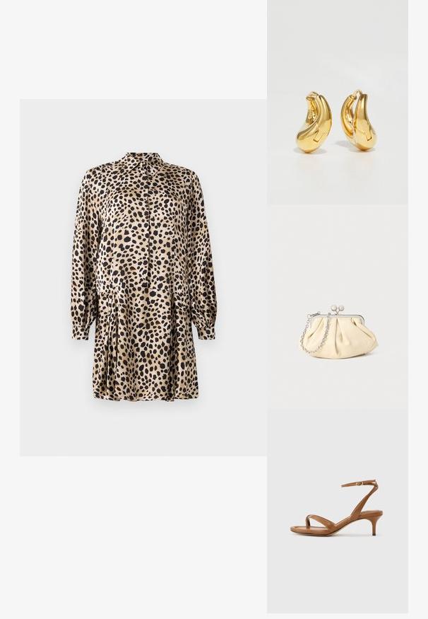 Leopardprint kjole lavet af glat stof, med knaplukning foran, lange ærmer og en plisseret nederdel med klassisk krave.; Brun læder sandal med stropper, lav kittenhæl og en ankelrem med en lille spænde, vist fra siden på en ensfarvet baggrund.; Plisseret beige læderclutch med en sølvmetalramme, der har to runde dekorative låse og en sølvkædetrasporte.; Guldringeøreringe med en glat, buet form og poleret overflade. Udstyret med en lukkeanordning og lette fordybninger for detaljer.