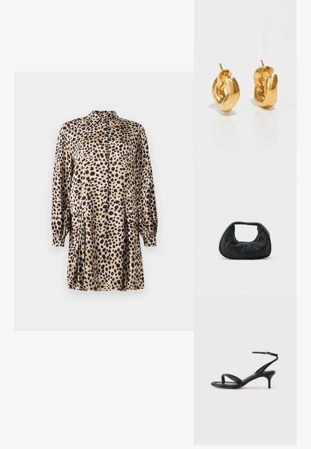 Leopardprint kjole lavet af glat stof, med knaplukning foran, lange ærmer og en plisseret nederdel med klassisk krave.; Sort damesandal i læder med tynde remme, en tå-loop, ankelspænde og en mellemhøj stiletthæl på en neutral baggrund.; Sort flettet hobo-taske med blød struktur og integreret håndtag, vist på en ensfarvet lys baggrund.; Chunky guld hoop øreringe med et let snoet, rørformet design og postsystem bagpå, på en hvid baggrund.