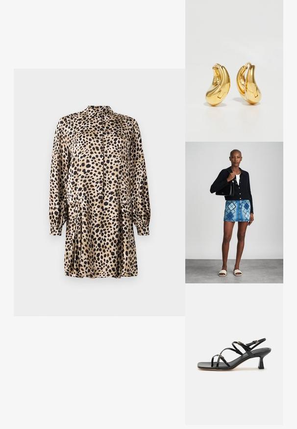 Leopardprint kjole lavet af glat stof, med knaplukning foran, lange ærmer og en plisseret nederdel med klassisk krave.; Sorte lakerede sandaler med stropper, kvadratisk tå og en lav blokhæl. Udstyret med guldfarvet hardware og justerbare ankelremme.; Sort striktrøje, hvid top, denimnederdel med blå og sort diamantmønster, sort håndtaske og beige slidesandaler.; Guldringeøreringe med en glat, buet form og poleret overflade. Udstyret med en lukkeanordning og lette fordybninger for detaljer.