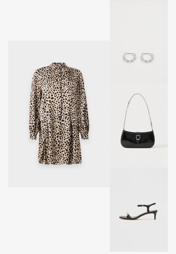 Leopardprint jurk van gladde stof, met een knoopsluiting aan de voorkant, lange mouwen en een geplooide rok met een klassieke kraag.; Zwarte leren sandaal met hak, enkelbandje, open neus, vierkante voorkant en zilverkleurige accenten. Gesloten ontwerp met een slank profiel.; Zwarte lakleren schoudertas met een zilveren gespdetail en een zilveren kettingriem, getoond tegen een effen lichte achtergrond.; Zilveren oorringen met parel- en kristalaccenten, met een gestructureerd oppervlak en een veilige postsluiting.