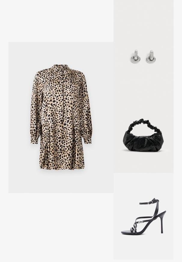 Leopardprint kjole lavet af glat stof, med knaplukning foran, lange ærmer og en plisseret nederdel med klassisk krave.; Sort højhælet sandal med tynde stropper, ankelspænde og en metal-logo detalje på siden af stroppen, sat mod en hvid baggrund.; Sort tekstureret læderhåndtaske med samlet elastikhåndtag og diskret "Karl Lagerfeld Jeans" logo foran nederst i midten.; Par små, skinnende sølv hoops med rund base, vist på en ensfarvet lys baggrund.