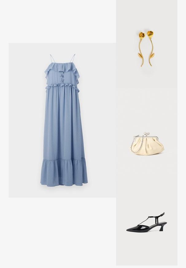 Hofmann Copenhagen CECILY - Maksikleit - lavender blue; Mustast lakknahast terava otsaga slingback-kinga T-rihma ja madala kaldu plokktallaga valgel taustal.; Kortsus beežist nahast kotike, millel on hõbedane metallraam, kaunistatud kahe ümmarguse dekoratiivse lukuga ja hõbedase ketispideme. ; Kuldse tooniga kõrvarõngad, mis on lillekujuga, kõverate vartedega ja iga varre peal üks leht, valgel taustal.