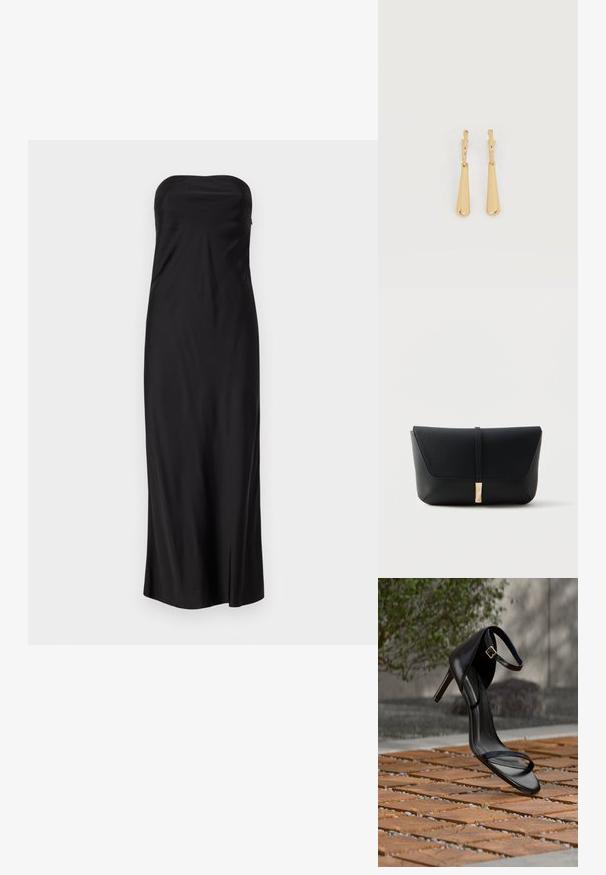 Robe noire sans bretelles en tissu lisse, présentant un design long jusqu'au sol avec une fente sur le côté pour un détail supplémentaire.; Sandale noire à talon haut avec sangle à la cheville, suspendue au-dessus d'un sol en carreaux de bois à l'extérieur, avec un arrière-plan flou de verdure et de pierre.; Pochette en cuir noir texturé avec un rabat avant sécurisé par une fine sangle et une boucle rectangulaire dorée.; Boucles d'oreilles pendantes en ton or avec des pendentifs lisses en forme de goutte allongée suspendus à de petites attaches en forme d'anneau sur un fond blanc.