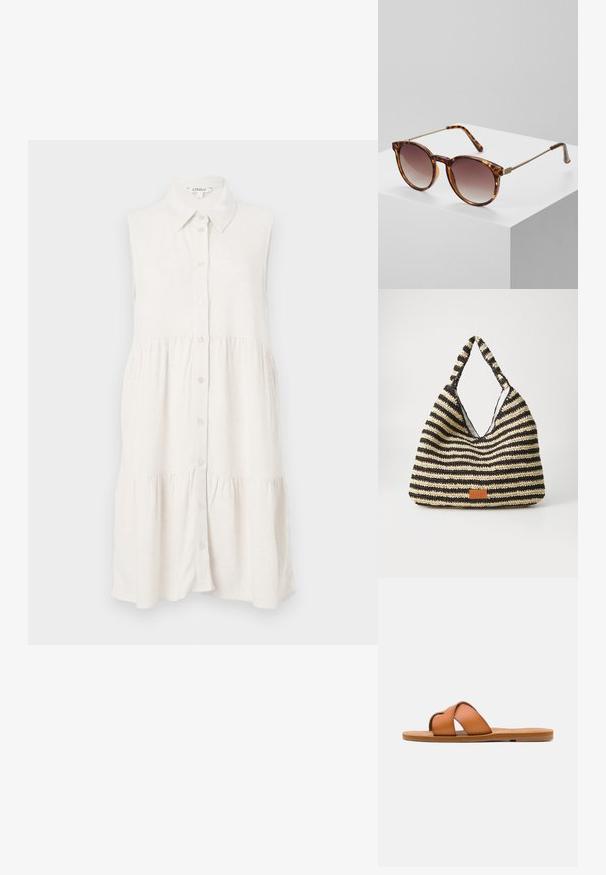 Robe sans manches, à boutons, en lin beige clair, avec un col et une jupe à volants pour un style décontracté. Le tissu texturé ajoute une touche de détail subtil.; Sandale diapositive en cuir marron avec des lanières croisées, semelle plate, texture lisse et caractéristiques de design minimaliste pour un usage décontracté.; Lunettes de soleil écaille de tortue avec verres dégradés et fins accents en métal doré. Dotées de montures arrondies et de branches élégantes pour un look moderne.; Sac tissé rayé en noir et beige, avec un design décontracté, une surface texturée et une petite pièce en cuir en accent.
