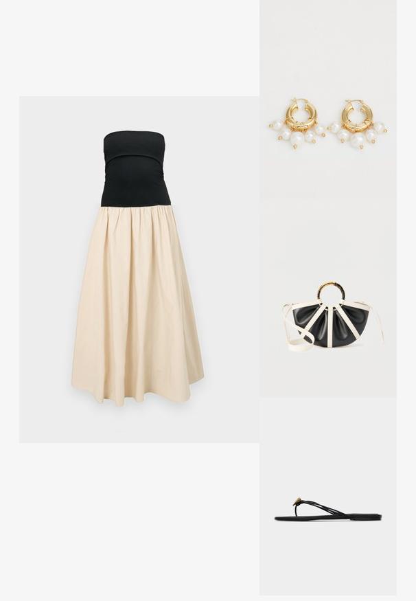 Robe bustier avec corsage noir ajusté et jupe crème pleine et froncée, présentée sur un fond clair uni.; Sandale plate noire en forme de tongs avec plusieurs fines lanières et une petite déco dorée en forme de larme sur la lanière avant.; Sac à main semi-circulaire noir et blanc avec des plis, une anse ronde en écaille de tortue et or, et une bandoulière blanche réglable.; Boucles d'oreilles en or en forme de créoles, ornées de trois perles blanches pendantes, maintenues par des accents en fil. Fini métallique lisse avec un aspect poli.