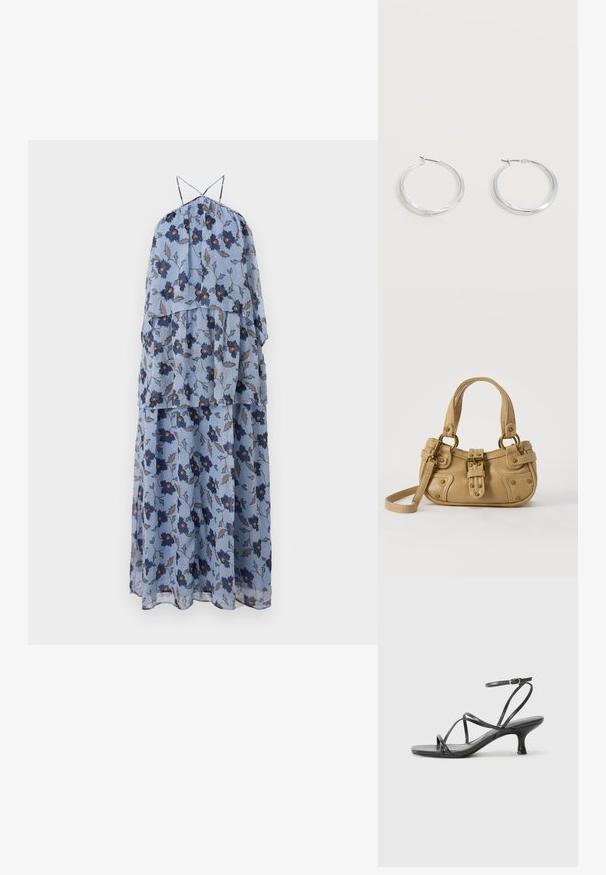 Robe sans manches en tissu bleu clair avec un imprimé floral bleu marine et marron. Elle possède de fines bretelles et une silhouette fluide.; Sandales noires à talons avec des fines lanières, un design ouvert à l'avant et un petit talon évasé. Le matériau semble lisse et brillant.; Sac à main en cuir beige avec double poignées, boucle en laiton et détails rivetés, ainsi qu'une bandoulière réglable sur fond blanc.; Boucles d’oreilles créoles en métal argenté avec une surface lisse légèrement incurvée et des fermoirs à clapet sur un fond blanc uni.