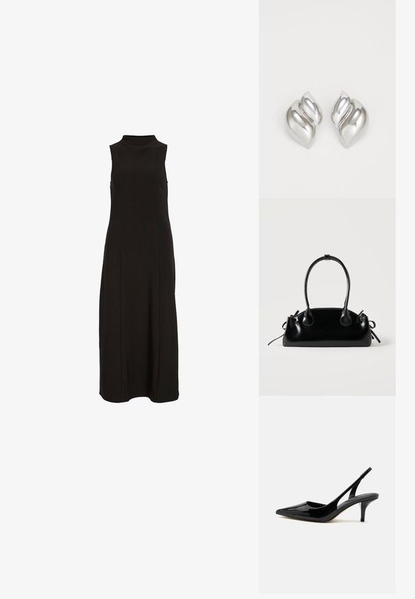 Zwarte mouwloze maxi-jurk met hoge halslijn en een rechte, nauwsluitende silhoette.; Zwarte lakleren slingback kitten heel schoen met puntige neus en lage, smalle hak op witte achtergrond.; Kleine zwarte glanzende handtas met twee lange hengsels en zijkant trekkoord details op een effen lichte achtergrond.; Zilveren oorbellen met een organische, abstracte vorm. Gladde, glanzende oppervlakte met een taps toelopend ontwerp. Beschikken over subtiele rondingen en een centrale lijn detail.