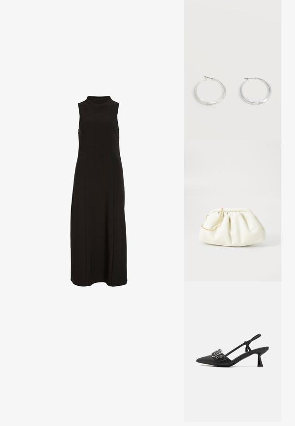 Zwarte mouwloze maxi-jurk met hoge halslijn en een rechte, nauwsluitende silhoette.; Simmi London DALA - Klassieke pumps - black; Witte leren handtas met een geassembleerd ontwerp, voorzien van een gouden kettingband en een ronde vorm. Gladde textuur met zachte plooien en geen patronen.; Zilverkleurige metalen creolen oorbellen met een glad, licht gebogen oppervlak en sluitingen met haaksluiting op een effen witte achtergrond.