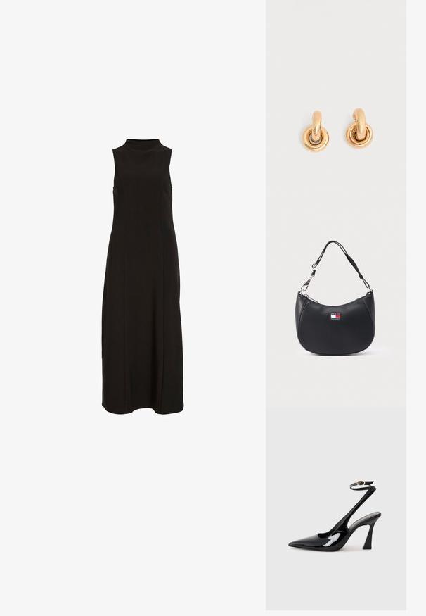 Zwarte mouwloze maxi-jurk met hoge halslijn en een rechte, nauwsluitende silhoette.; Zwarte gepatenteerde leren slingback pumps met een spitse neus, verstelbare enkelband en een gematigd blokhak. Gladde textuur met een glanzende afwerking.; Zwarte leren schoudertas met een gebogen vorm, zilverkleurige hardware en een opvallende logopatch met blauw, rood en wit.; Set glanzende gouden creolen met dikke ronde schakels op een effen lichtgrijze achtergrond.