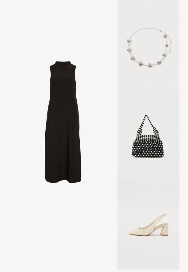Schwarzes, ärmelloses Maxikleid mit hohem Kragen und einer geraden, figurbetonten Silhouette.; Beiger Leder Slingback-Schuh mit spitzem Zeh, niedrigem Blockabsatz und kleiner Schleifenakzent an der Vorderseite. Glatte Textur und minimalistische Gestaltung.; Schwarze und weiße Handtasche mit Perlenbesatz und kurzem Griff, die abwechselnd perlenähnliche und schwarze facettierte Perlen in einem karierten Muster zeigt.; Silberne Halskette mit acht kleinen herzförmigen Anhängern mit filigranen Wirbelmustern, flach auf hellem Hintergrund ausgelegt.
