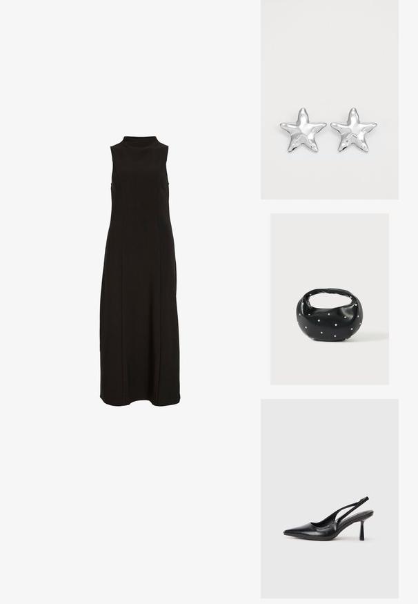 Zwarte mouwloze maxi-jurk met hoge halslijn en een rechte, nauwsluitende silhoette.; Zwarte leren slingback hoge hak schoenen met puntige neus en slanke hak op een witte achtergrond.; Zwarte leren handtas met een afgeronde vorm, versierd met zilveren studs, en een korte handgreep. Gladde textuur en ritsluiting.; Zilveren stervormige oorbellen met een gepolijste, glanzende afwerking. Elke oorbel heeft vijf punten en subtiele textuurdetails op het oppervlak.