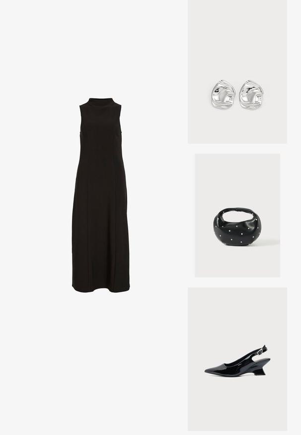 Vestido maxi negro sin mangas con cuello alto y una silueta recta y ajustada.; Zapato slingback de cuero charol negro con puntera puntiaguda y tacón bajo en bloque inclinado sobre fondo claro liso.; Bolso de mano de cuero negro con forma redondeada, decorado con detalles de tachuelas plateadas y un asa corta. Textura lisa y cierre con cremallera.; Pendientes de studs en forma abstracta de plata con un acabado pulido, que presentan curvas suaves y contornos sutiles. Sin patrones o acentos visibles.