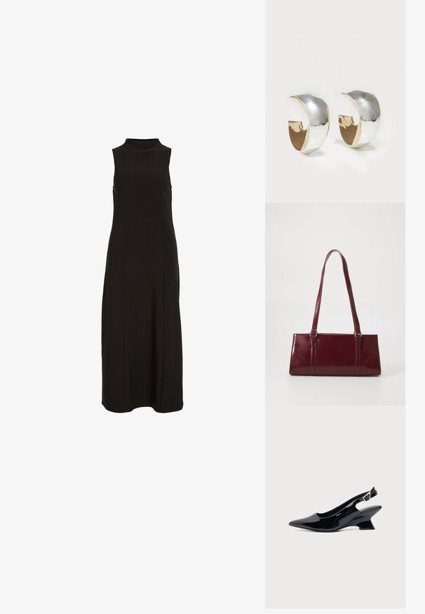 Zwarte mouwloze maxi-jurk met hoge halslijn en een rechte, nauwsluitende silhoette.; Zwarte lakleren slingback schoen met spitse neus en lage schuine blokhak op een effen lichte achtergrond.; Bourgondische handtas van glanzend materiaal, rechthoekige vorm, met twee schouderbanden en subtiele gebogen accenten aan de voorkant.; Uncommon Matters SCULPTED CREOLE - Oorbellen - silver-coloured/gold-coloured