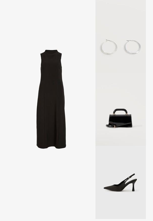 Schwarzes, ärmelloses Maxikleid mit hohem Kragen und einer geraden, figurbetonten Silhouette.; Schwarze Slingback-Absatzschuhe mit spitzem Zehenbereich, glattem, mattem Finish und schmalem, glanzvollem Absatz. Verstellbarer Riemen mit kleiner Schnallen-Detail.; Schwarze glänzende rechteckige Handtasche mit oberem Griff, goldener Hardware und abnehmbarem Riemen, auf hellem einfarbigem Hintergrund platziert.; Silberne Metallcreolen mit glatter, leicht gebogener Oberfläche und Klappverschluss vor schlicht weißem Hintergrund.